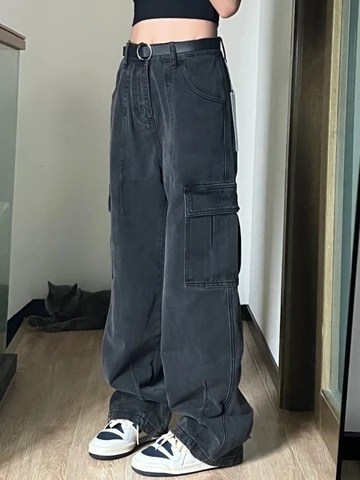 American Overalls Mopping Jeans for Women Spring Straight Pants Loose Slim Wide Leg Pants Tide Black and Gray High Waist Jeans