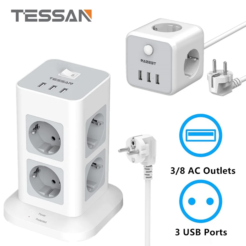 

Сетевой фильтр TESSAN, Вертикальная Розетка с выключателем и 8 евророзетками, 3 USB-порта, кабель 2 м, защита от перенапряжения