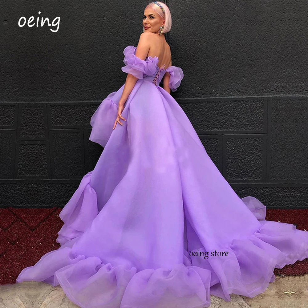 

OEING Lavender High Low Prom Dresses Arabic Ruffles Off the Shoulder Organza Evening Gown Corset Back Party Dress for Graduation