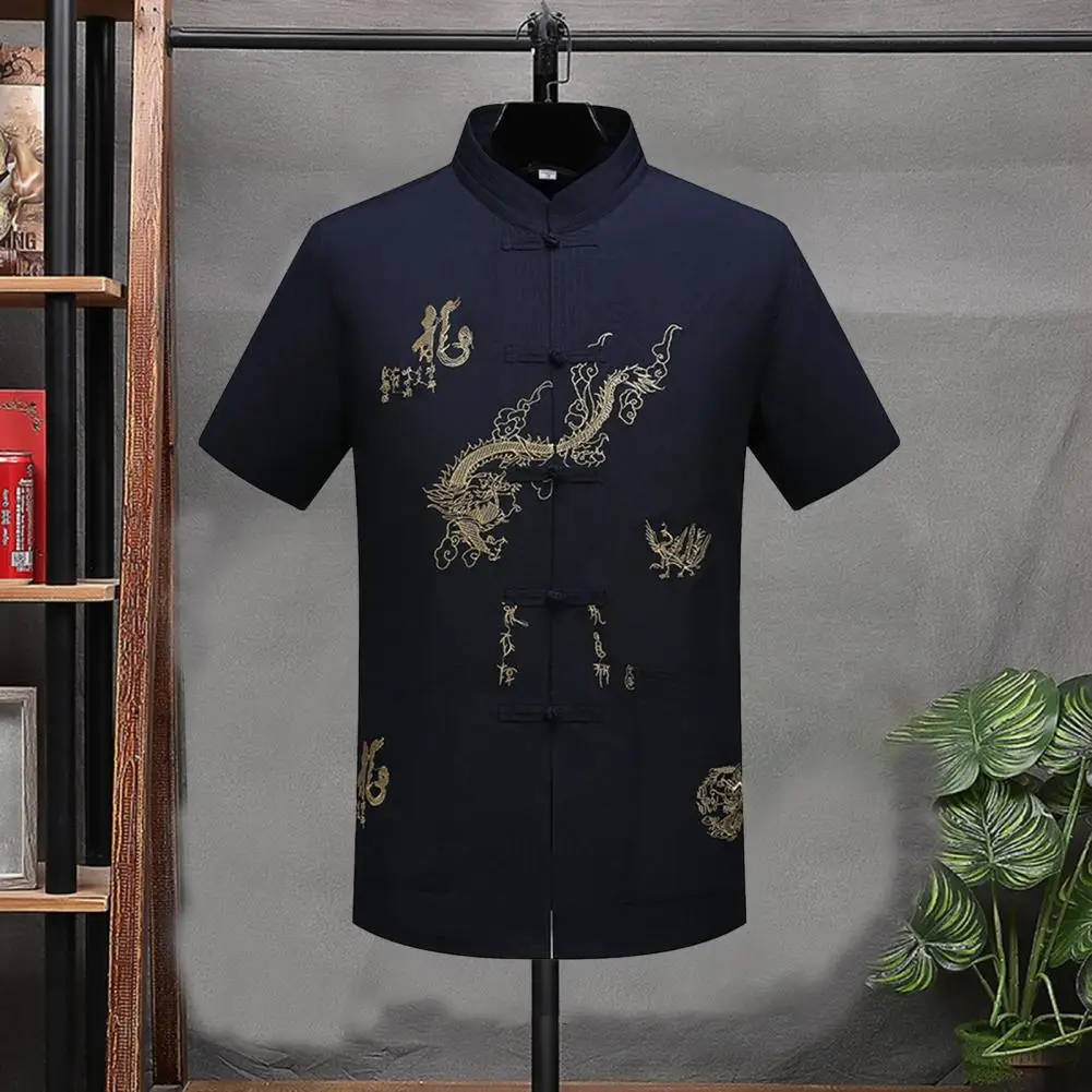 

Tangs Suit Top Embroidery Dragon Short Sleeve New Year Wear Super Soft Chinese Kung Fu Wing Chun Garment Shirt Men Clothing