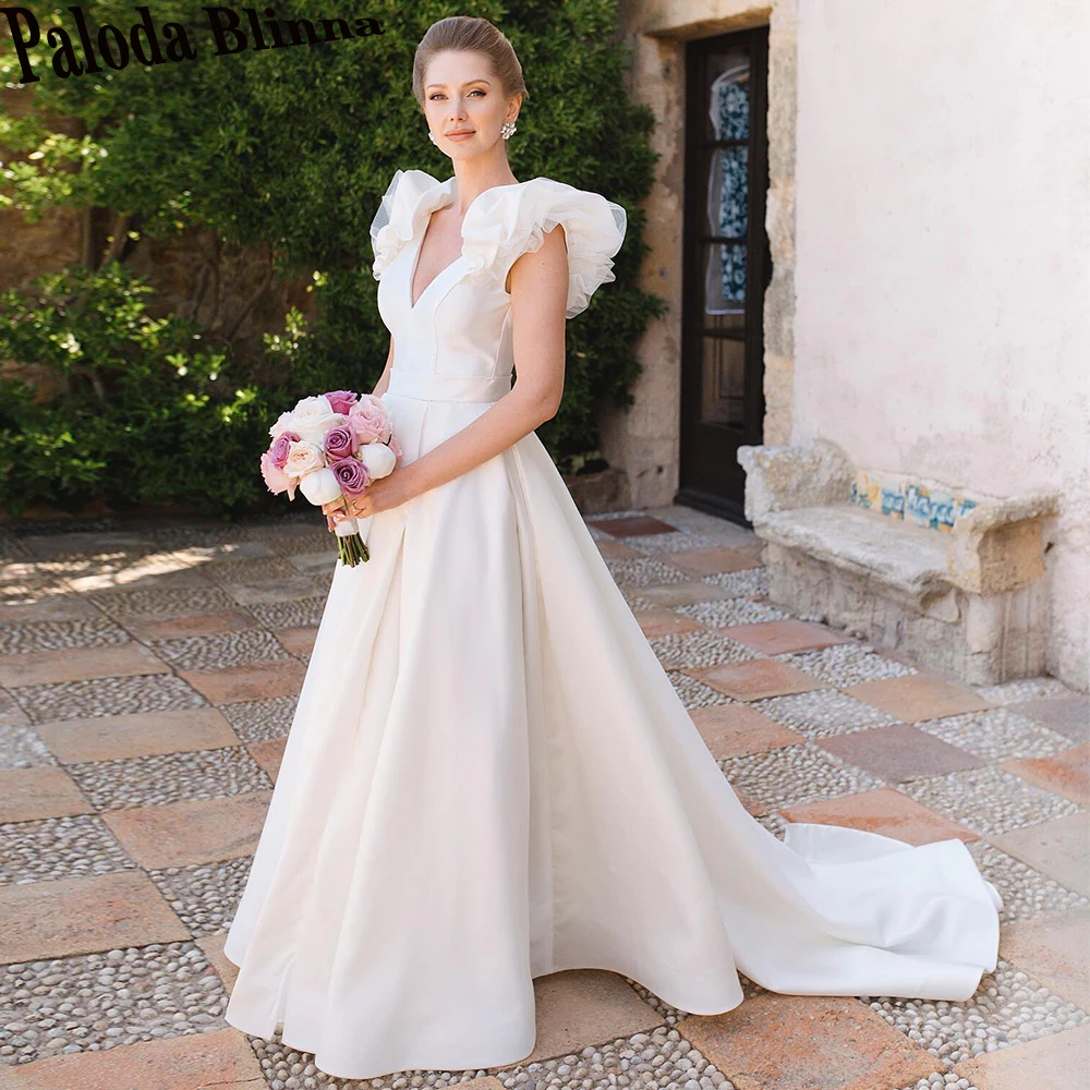 

Paloda Generous Satin V-Neck Wedding Gown For Bride Slit Court Train Sleeveless Pleat Backless Vestidos De Novia Brautmode