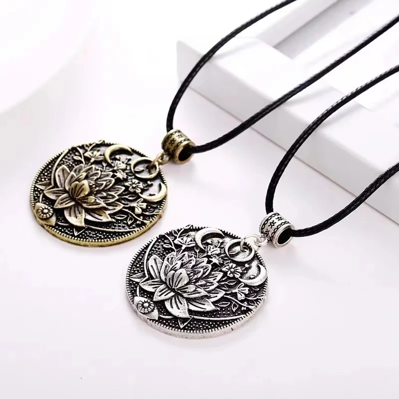 

Women's Ancient Indian Mandala Lotus Moon Pendant Necklace Personality Delicate Religious Jewelry Gift