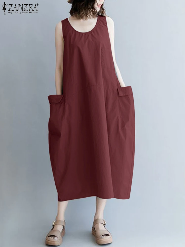 

Платье ZANZEA женское оверсайз без рукавов, однотонный повседневный рабочий сарафан средней длины, модная одежда на бретелях