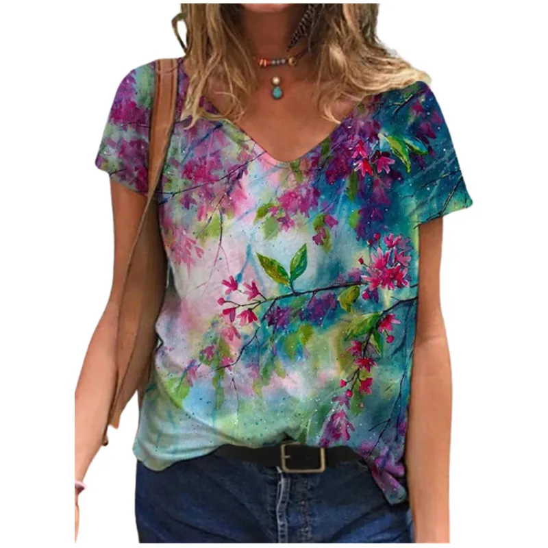

3D Digital Abstract Women's Butterfly Print Tee Summer Oversized Short Sleeve V Neck Loose Top Casual Street Tee Size XS-6XL