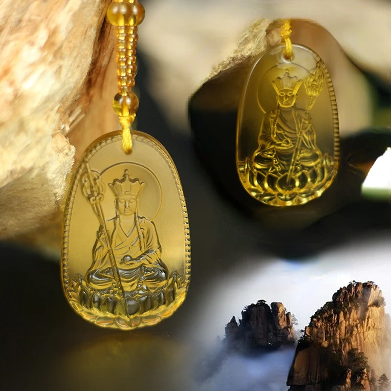 

Ожерелье с подвеской в виде богов-хранителей Будды для женщин и мужчин, подвеска с резным желтым камнем, ювелирное украшение в виде статуи Б...