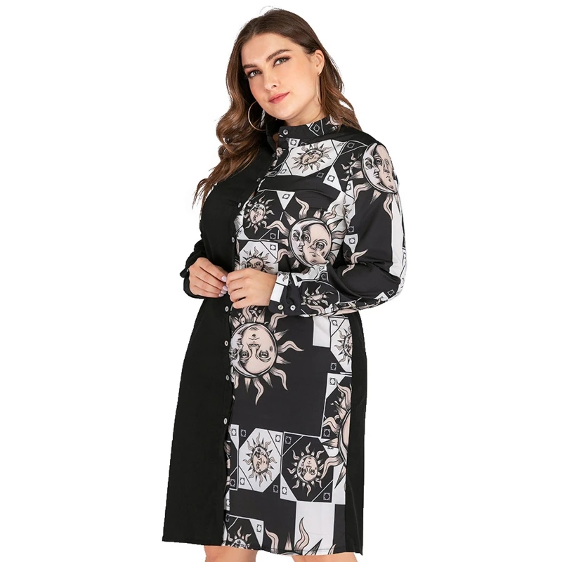 

Women Plus Size Long Sleeve Button Down Midi Shirt Dress Vintage Colorblock Sun Moon Printed Stitching Tunic Blouse