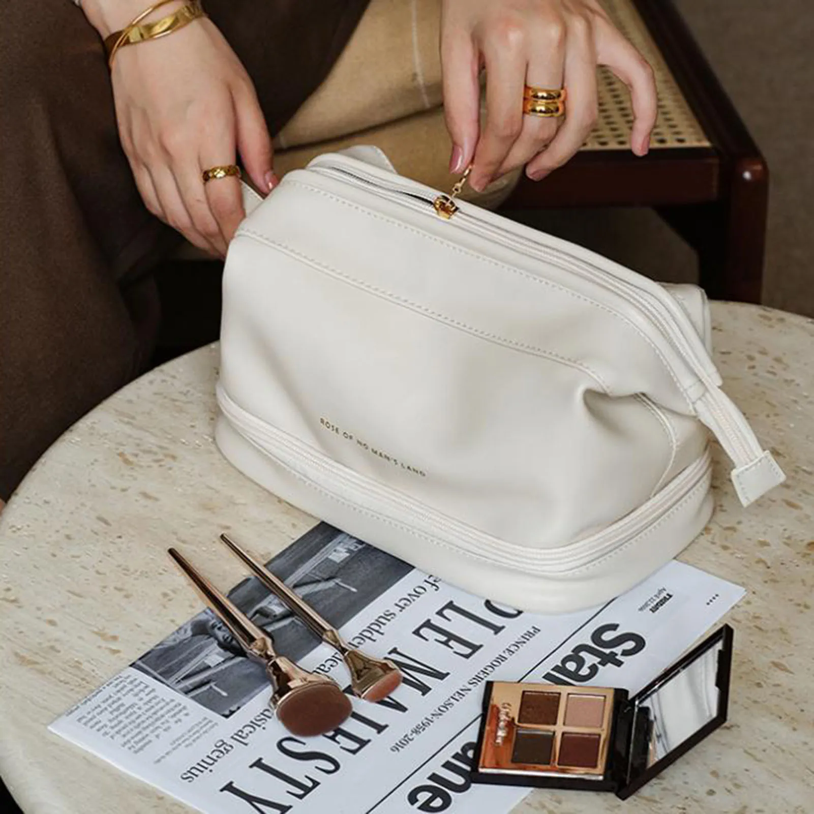 Large Capacity Travel Cosmetic Portable Lightweight Handy Slim Durable Compact  Bag Double Layer PU Leather Portable Toiletry