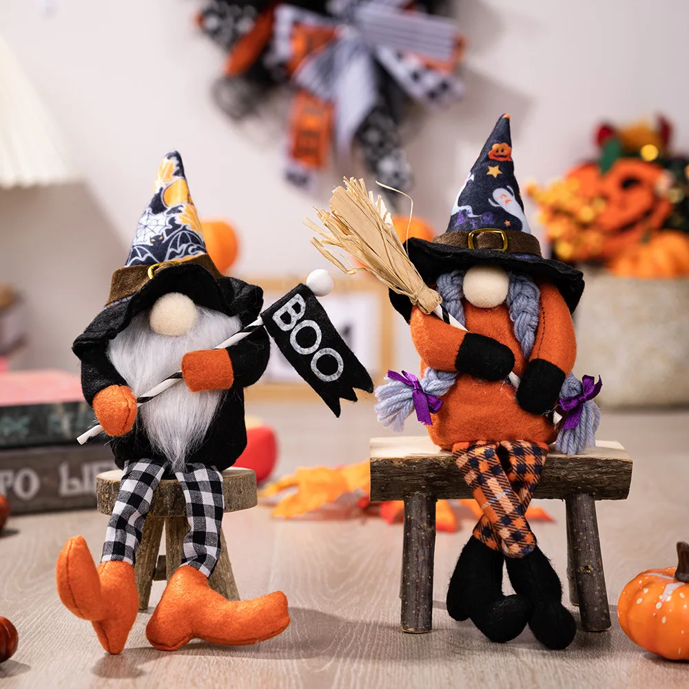 

Halloween New Decorations Hanging Legs Rudolph Witch Hat Rudolph Holding Boo Flag and Broom Faceless Doll