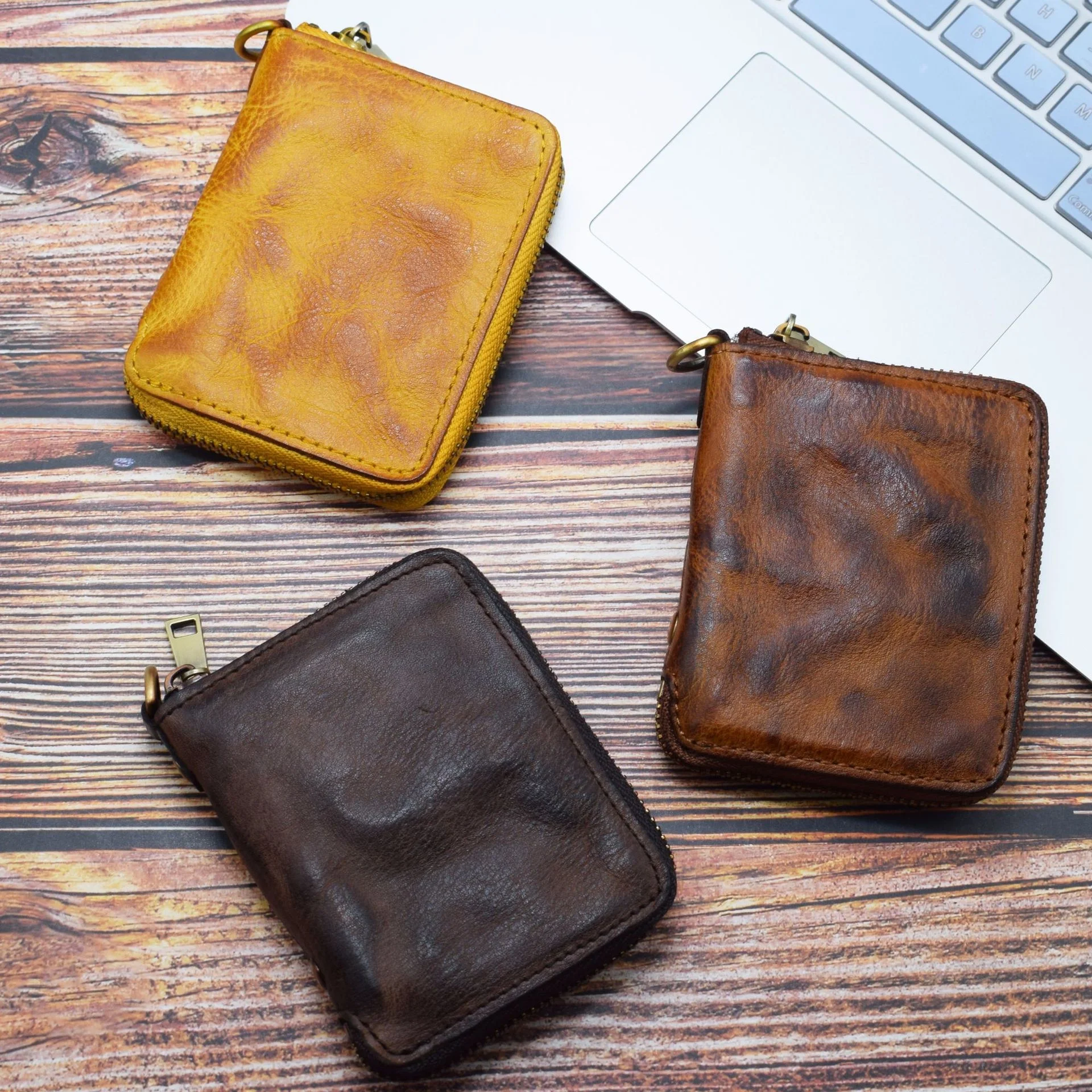 

Men's Vintage Short Zipper Wallet Top Layer Cowhide Zero Multi functional Vegetable Tanned Leather Card Bag