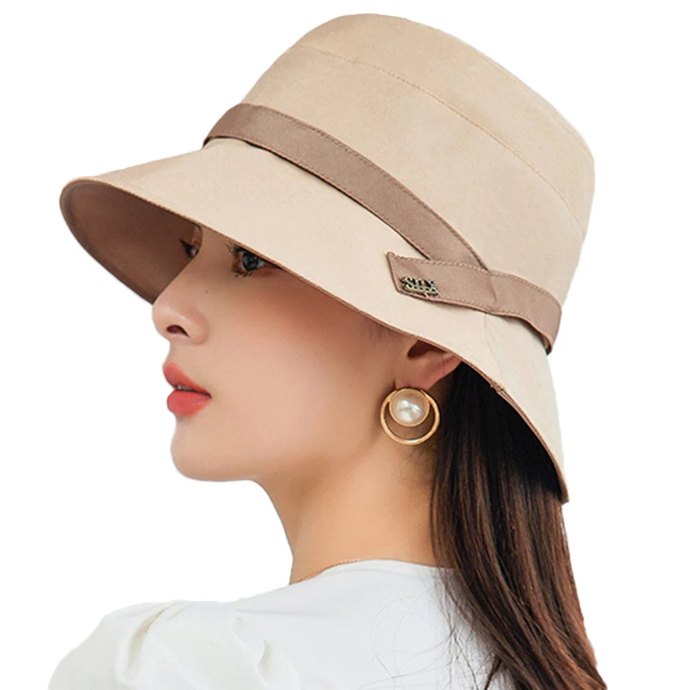 

FS 2022 Cotton Dome Sun Hats For Women Foldable Sun Visor Hat Wide Brim Floppy Elegant Ladies Caps Ribbon Breathable Patchwork