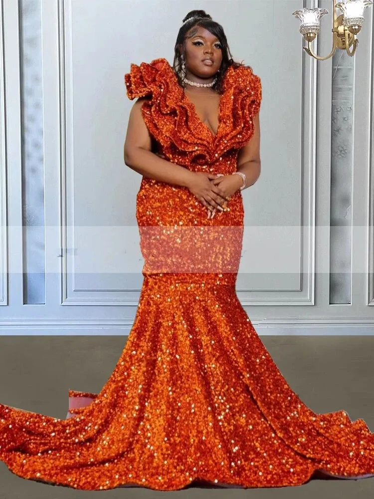 

Блестящее оранжевое платье-Русалка для выпускного вечера с блестками 2023 для черной девушки официальное блестящее вечернее коктейльное платье для дня рождения на заказ