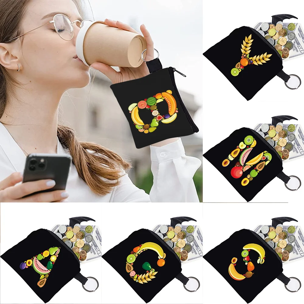

2022 Women's Bag Coin Purse Fruit Letter Pattern Print Key Storage Bag Small Object Ring Buckle Zipper Black Canvas Mini