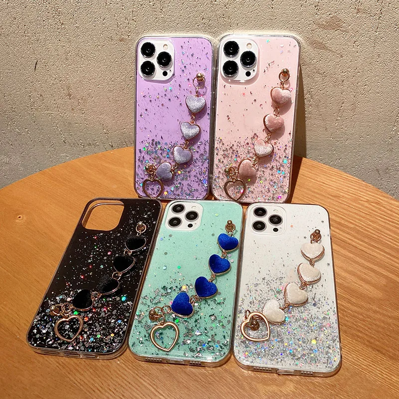 Luxury Glitter Love Heart Plush Bracelet Case For Samsung Galaxy S22 S21 S20 S10 Lite Plus Ultra FE Note20 A13 A23 Wrist Cover