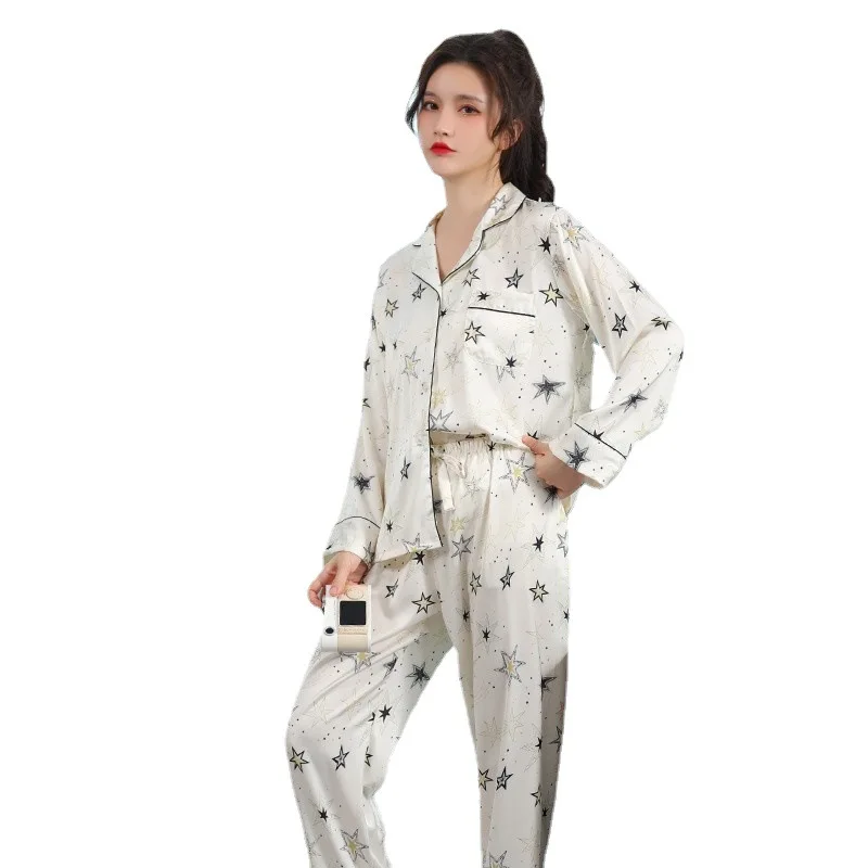 XINGX Ice Silk Pajamas Women's Spring and Autumn Thin Cardigan Long Sleeve Pants Suit High-Grade Home Wear