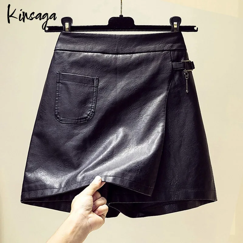

Korea Chi Feminino Pu Leather Skorts 4XL Fall High Elastic Waist Inside Shorts Divided Skirts Black Faux Fur Split Skirt Culotte