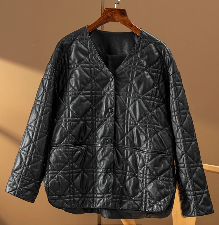 2023 Spring Leather Jacket Woman  Covered Button  Casual  Vintage  Blazer Mujer  Genuine Leather Jacket  Sheepskin  V-Neck Coat