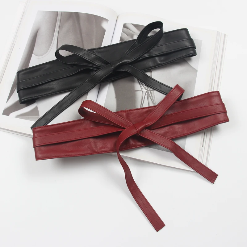 Soft PU Wide Waistband Self-tie Bow Adjustable Waist Belts Fashion Femme Cinturones Wine Red Faux Leather Couture Corsets Belts