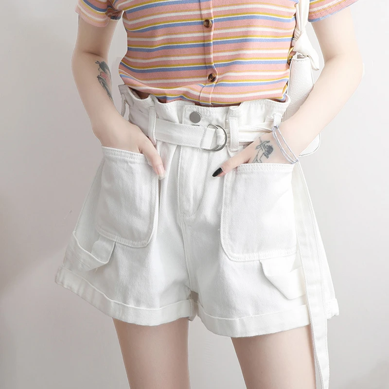 Female Casual Sweet Summer Short Jeans Women's Denim Shorts Classic Vintage High Waist Pink White Wide Leg Bandage Lady Clothing