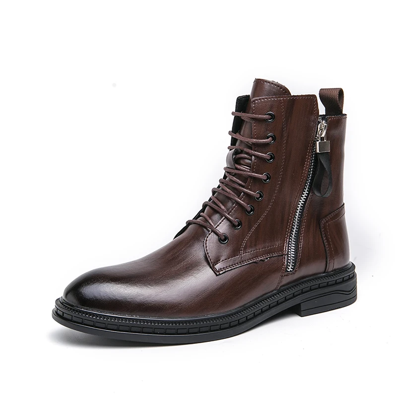 Мужские уличные кожаные ботинки на толстой подошве с круглым носком высоким