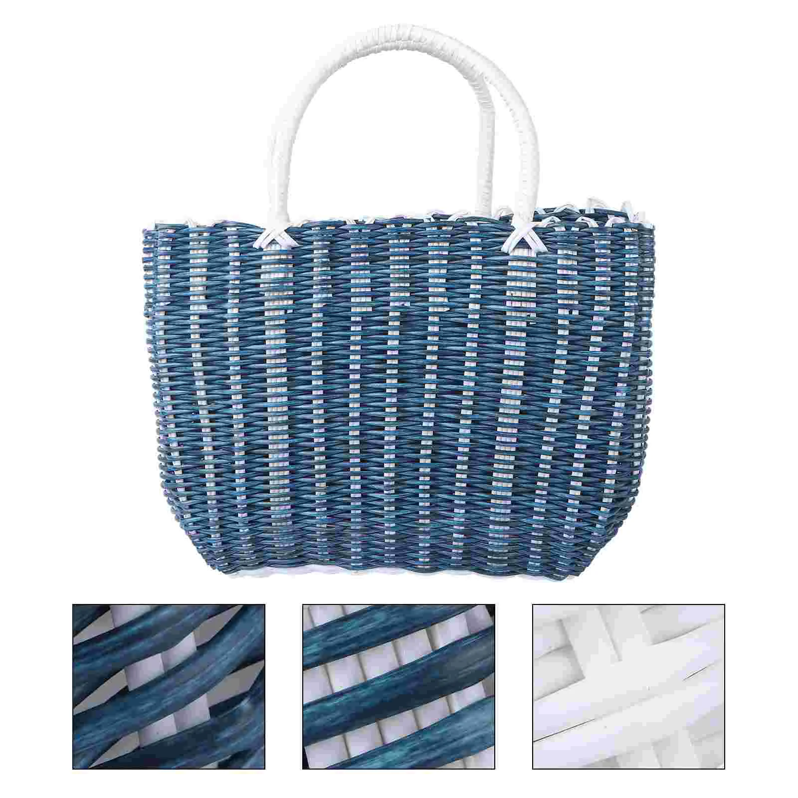

Summer Tray Decor Shopping Basket Straw Rattan Tote Handle Weaving Bins Reusable Grocery Bag Plastic Fruit Basket