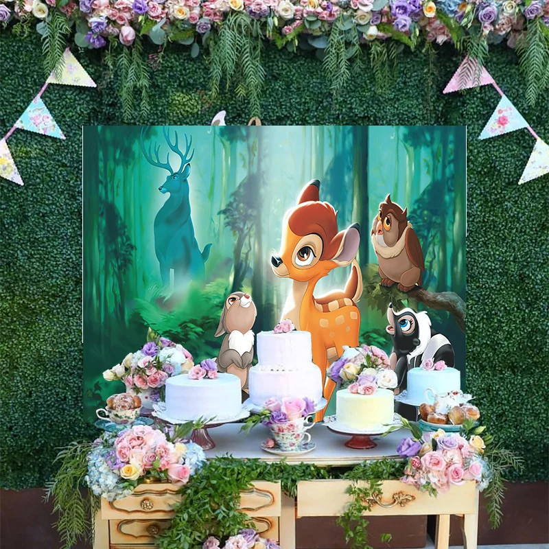 

Custom Disney Princess Birthday Backdrop Bambi of Fawn Thumper Flower Butterfly Jungle Forest Party Decoration Background Banner