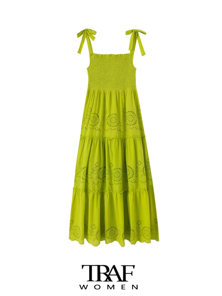 

TRAF Women Fashion With Cutwork Embroidery Smocked Midi Dress Vintage Backless Tied Straps Female Dresses Vestidos Mujer