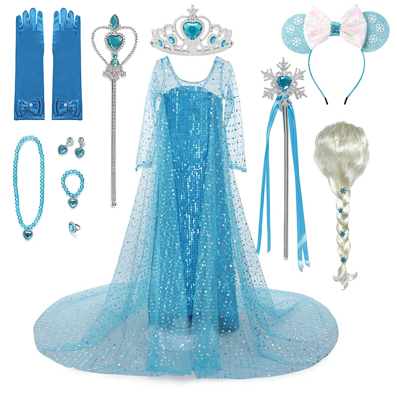 Frozen Girls Princess Blue Elsa Sequined Deluxe Cosplay Costume Fancy Party Dress Role-play Carnival Kids Halloween Outfits