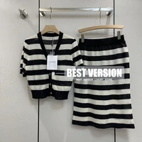 best version elegant two pieces set women clothes embroidered logo striped cardigan silk knitted v neck top skirt branded set