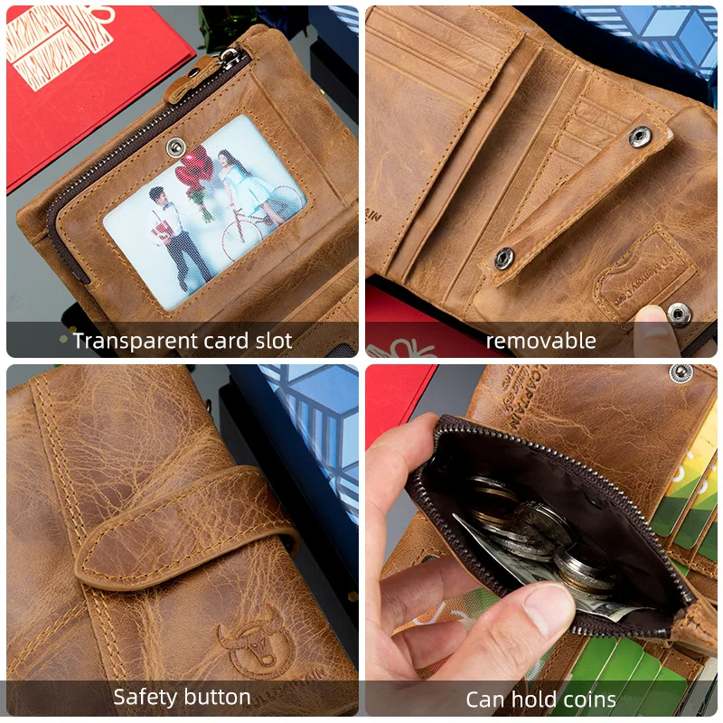 BULLCAPTAIN Men short Wallet Genuine Leather Retro Casual Multifunction Anti-theft brush Top layer cowhide Detachable coin purse