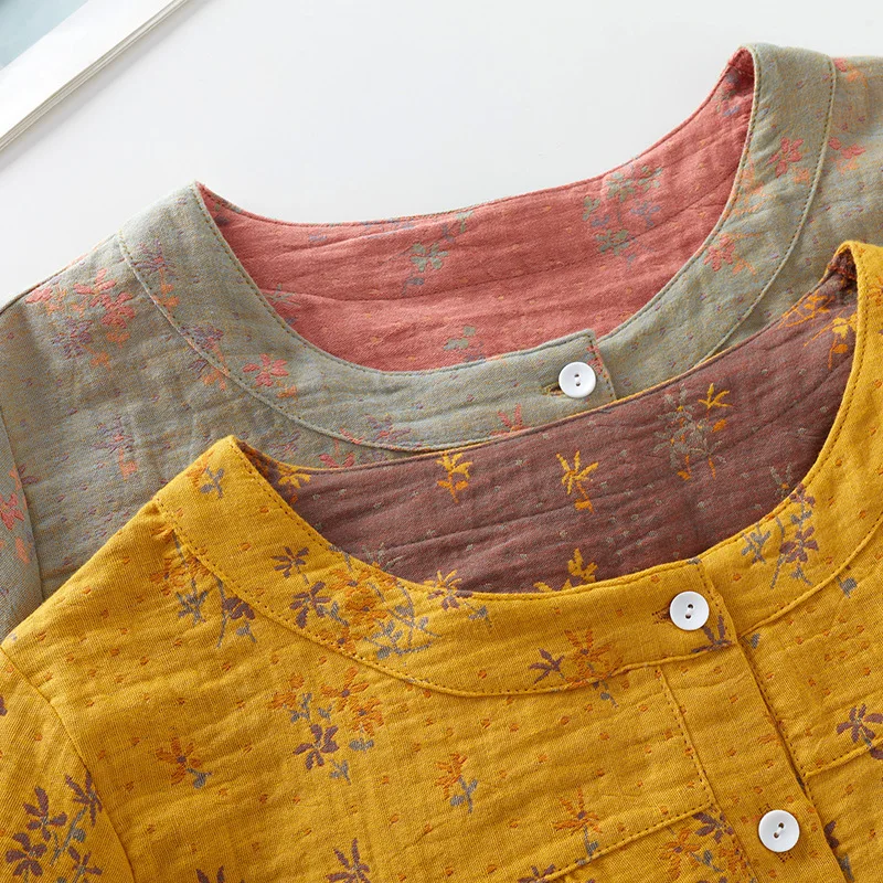 Pajamas Sets 2022 Autumn Cotton Gauze Jacquard Round Neck Small Floral Two-Color Pajamas Long Sleeve Trousers Women Sleepwear