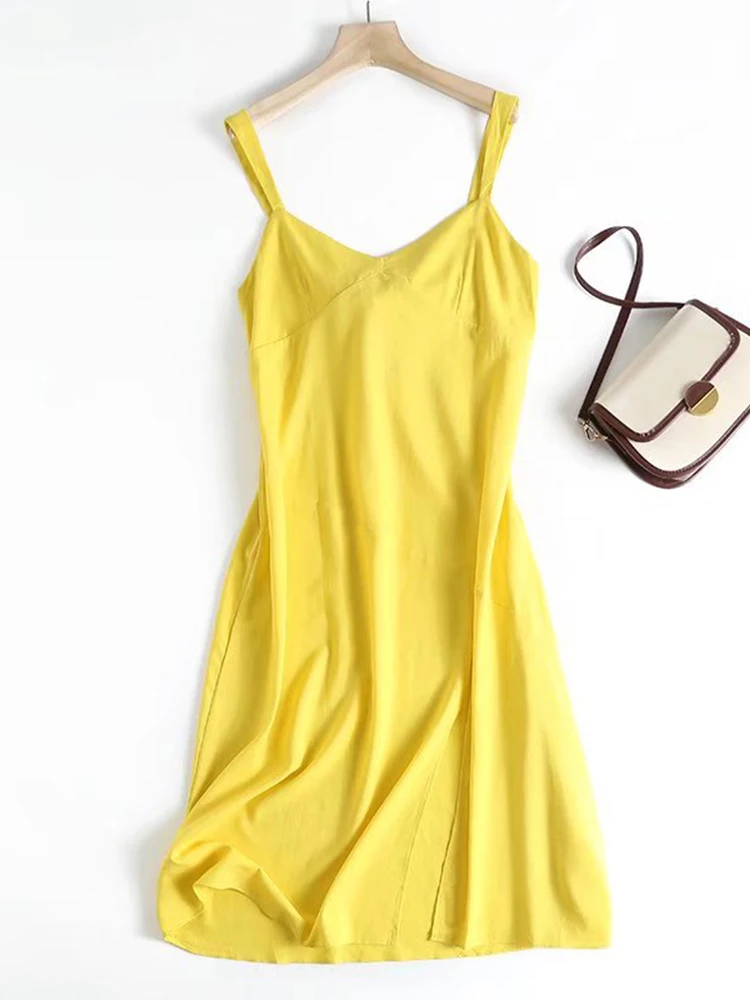 

2022 Summer Women Fashion Sexy Sleeveless Backless Linen Midi Dresses Female Yellow Simple Elegant Casual Dress