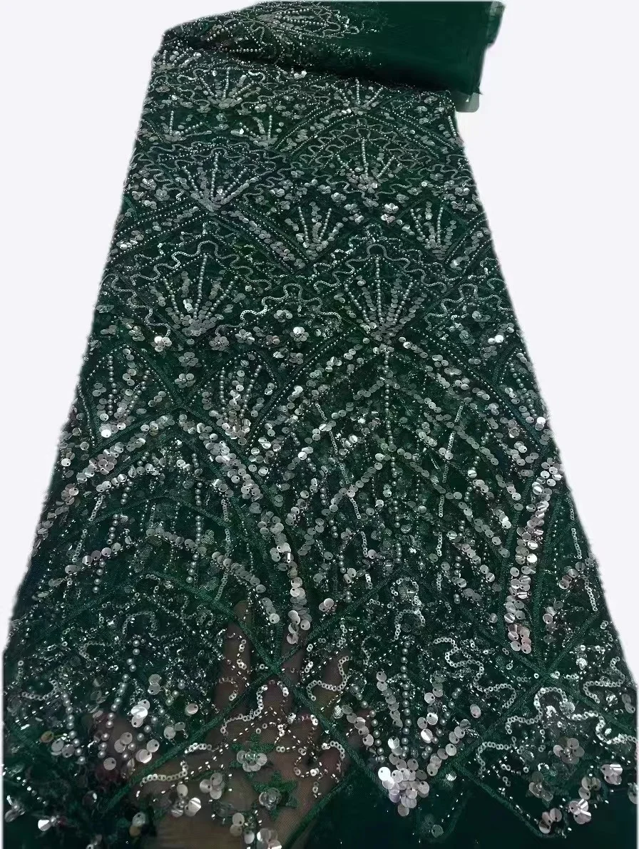 

(5yards/pc) Green High grade African wedding tulle lace fabric with amazing tube beads sequins embroidery new French net lace