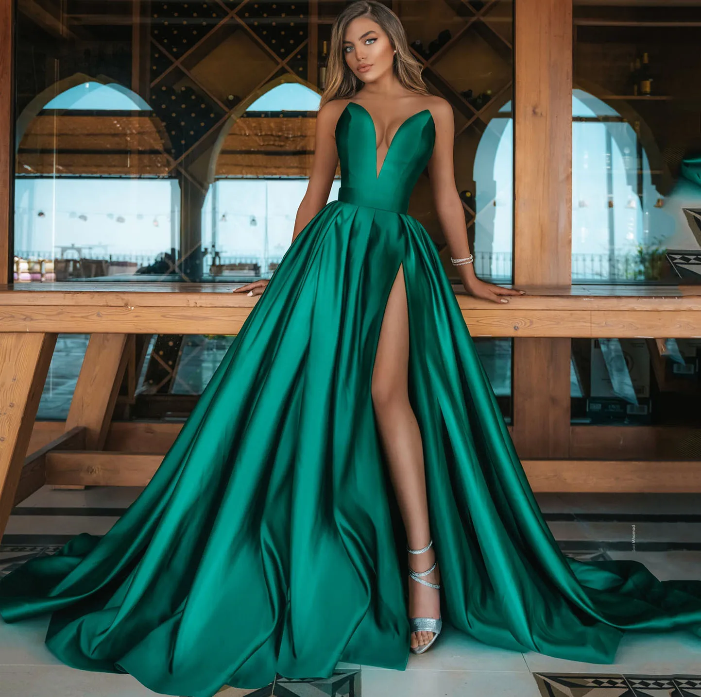 

Women's Prom Dress Sexy Deep V-neck Slit Asymmetrical Off The Shoulder Long Skirt Evening Party Maxi Women Dresses Vestidos