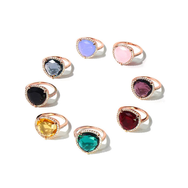 High Quality Rose Gold Color Precious 8 Color Crystal Triangle Micro Set Rings For Women Fashion Jewelry LR034