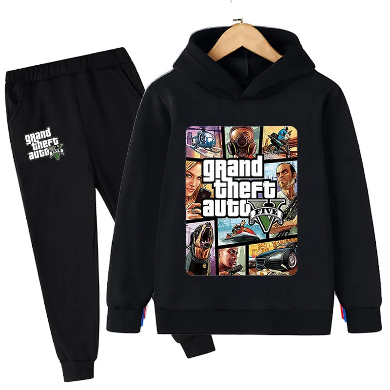 

Autumn Spring 4-14 Years Unisex Children Cartoon Game GTA5 Print Hoodies Tops+long Pants 2pcs Suit Kids Game Gta 5 Boys Clothes