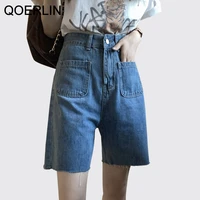 qoerlin summer loose pockets ladies wide leg jeans shorts high waist straight women denim shorts 2022 soft washed shorts s l