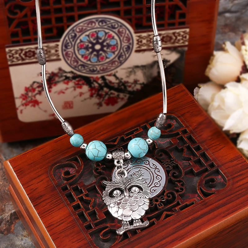 

New Hot Retro Tibetan Sliver Plated Owl Necklace Pendant Vintage Ethnic Bohemia Jewelry for Women 2023 New In Necklace