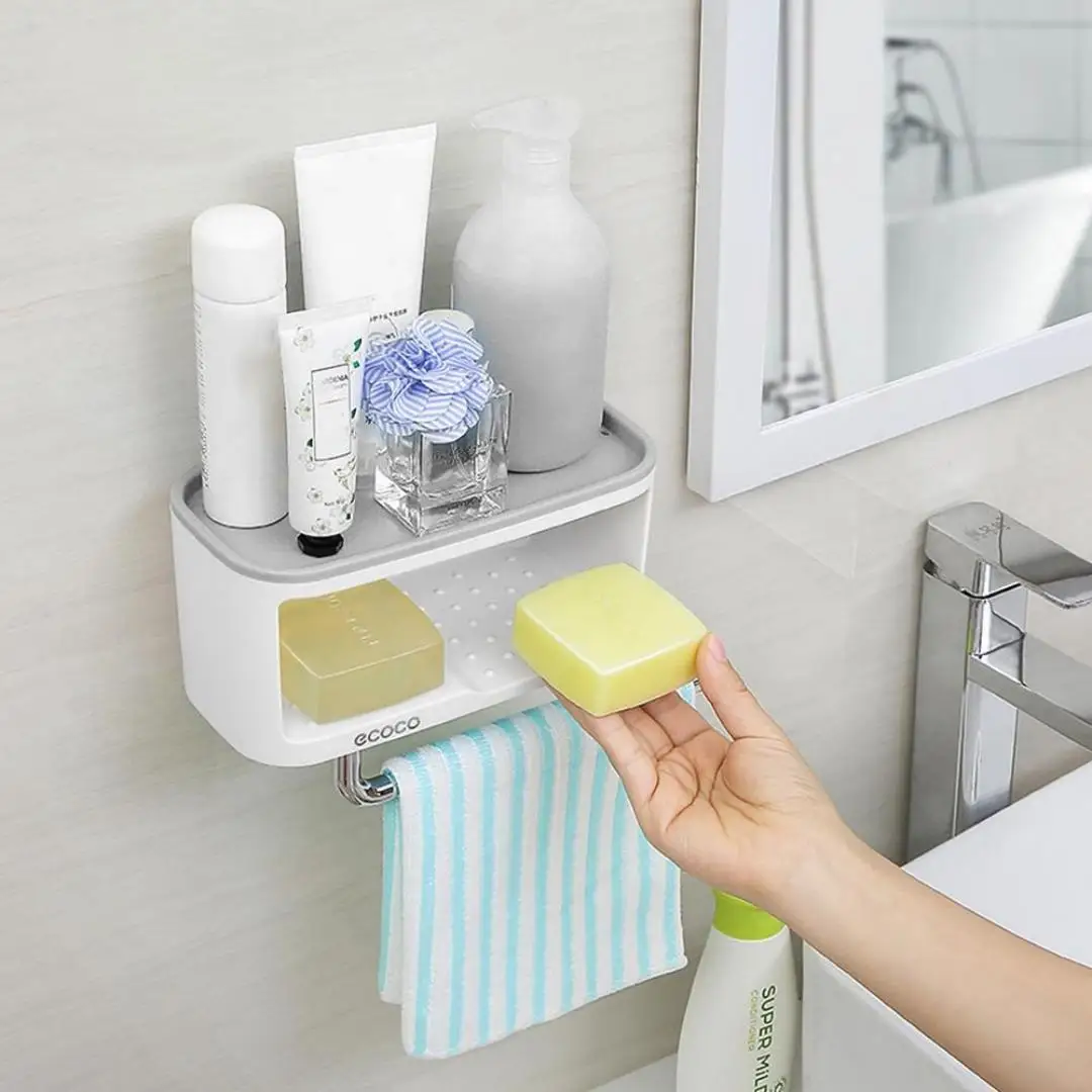 

ECOCO Wall-Mounted Bathroom Storage Shelve Box with Towel Bar ABS+PS Toiletrie Sundries Storage Holder Kitchen Storage Box Rack