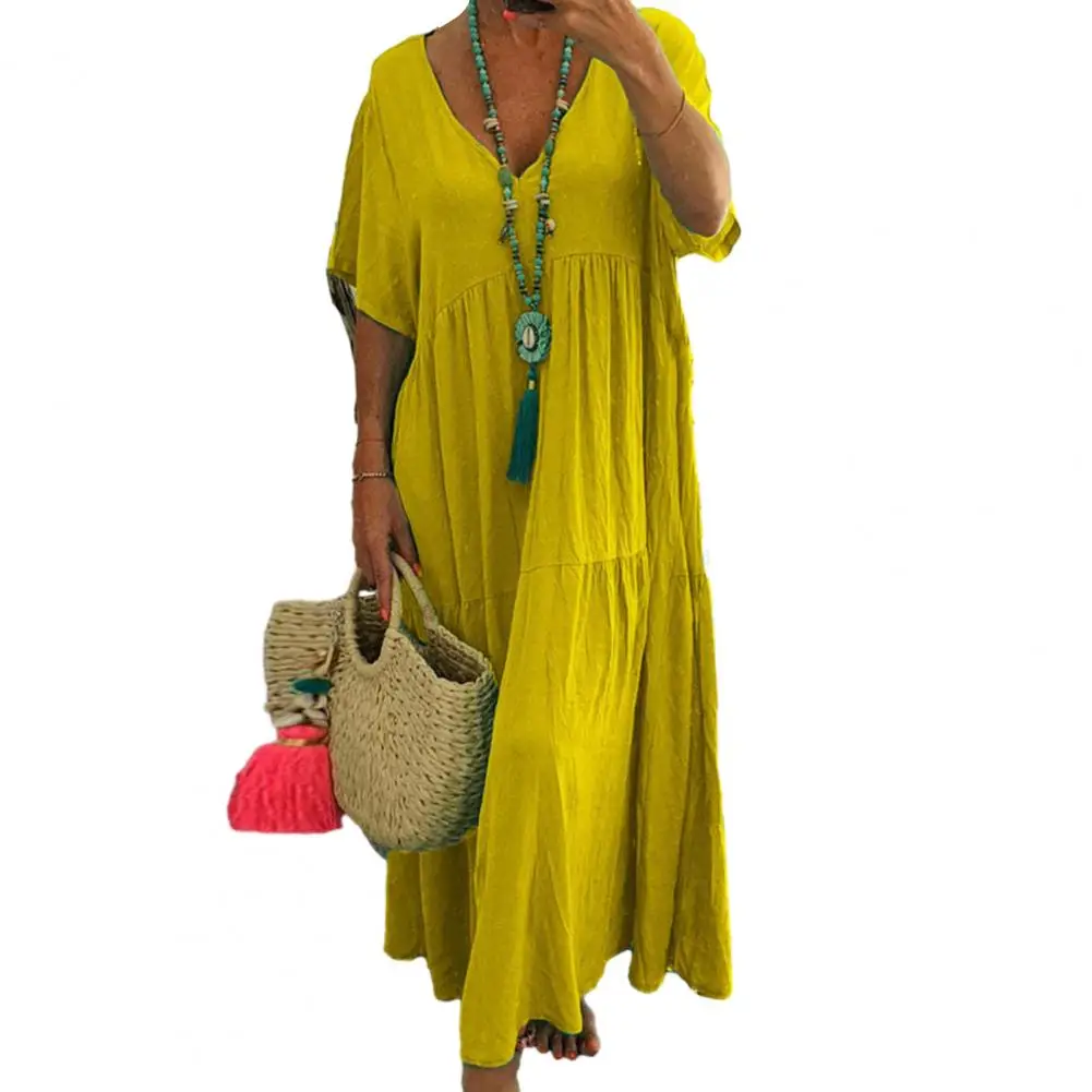 

Big Hem Maxi Dress Vintage Pleated V-neck Maxi Dress Soft Solid Color Lady Summer Style with Short Sleeves Loose Hem Women Loose