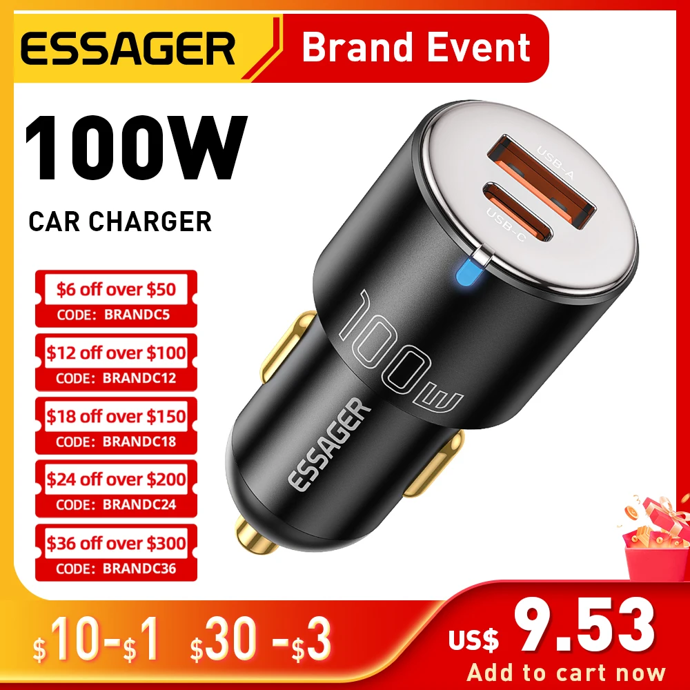 Essager 100W Car Charger Fast Charging Quick Charger QC PD 3.0 For iPhone 14 Type C USB Car Charger For Samsung Laptops Tablets