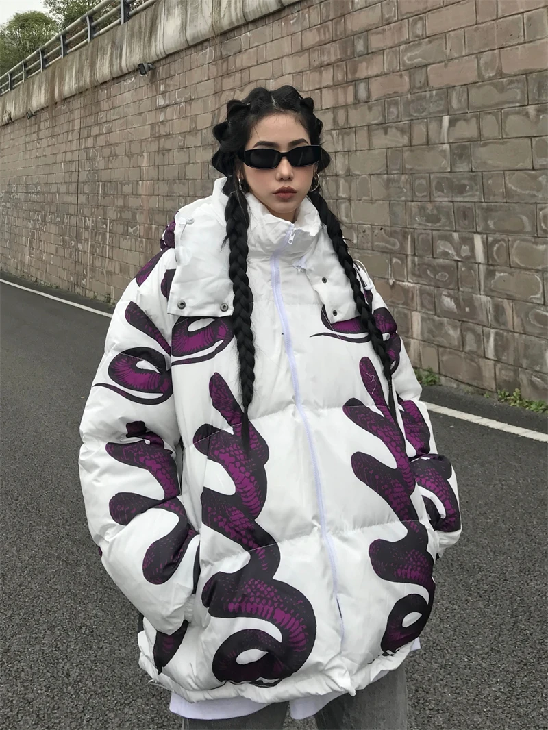 Куртка мужская зимняя со змеиным принтом уличная одежда в стиле панк теплая