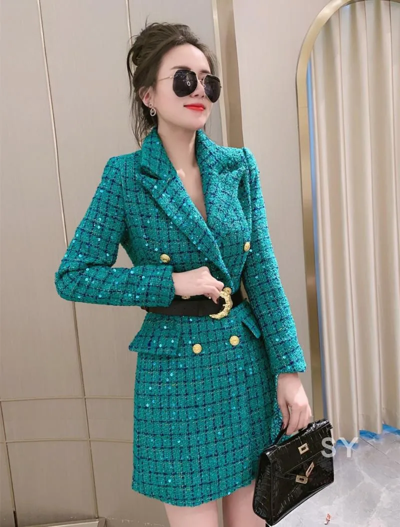 

Высококачественное твидовое шерстяное пальто в клетку с лацканами и тяжелыми блестками, новинка 2022, зимняя одежда, модное темпераментное Ж...