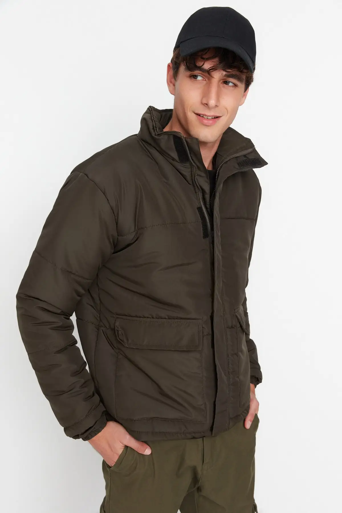 Dark Khaki Men's Stand Up Collar Double Covered Pocketed Inflatable Windproof Jacket TMNAW22MO0090