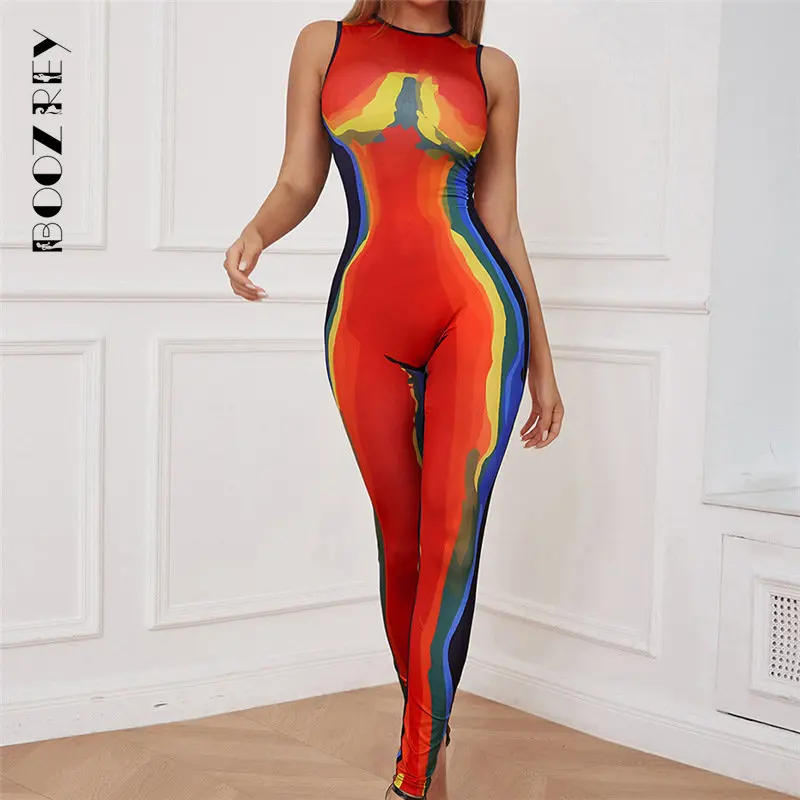 BoozRey 3D Print Color Blocking Jumpsuits Women Aesthetic Fashion Y2K Sleeveless Slim Overall Lady Street One Piece Outfit 2023