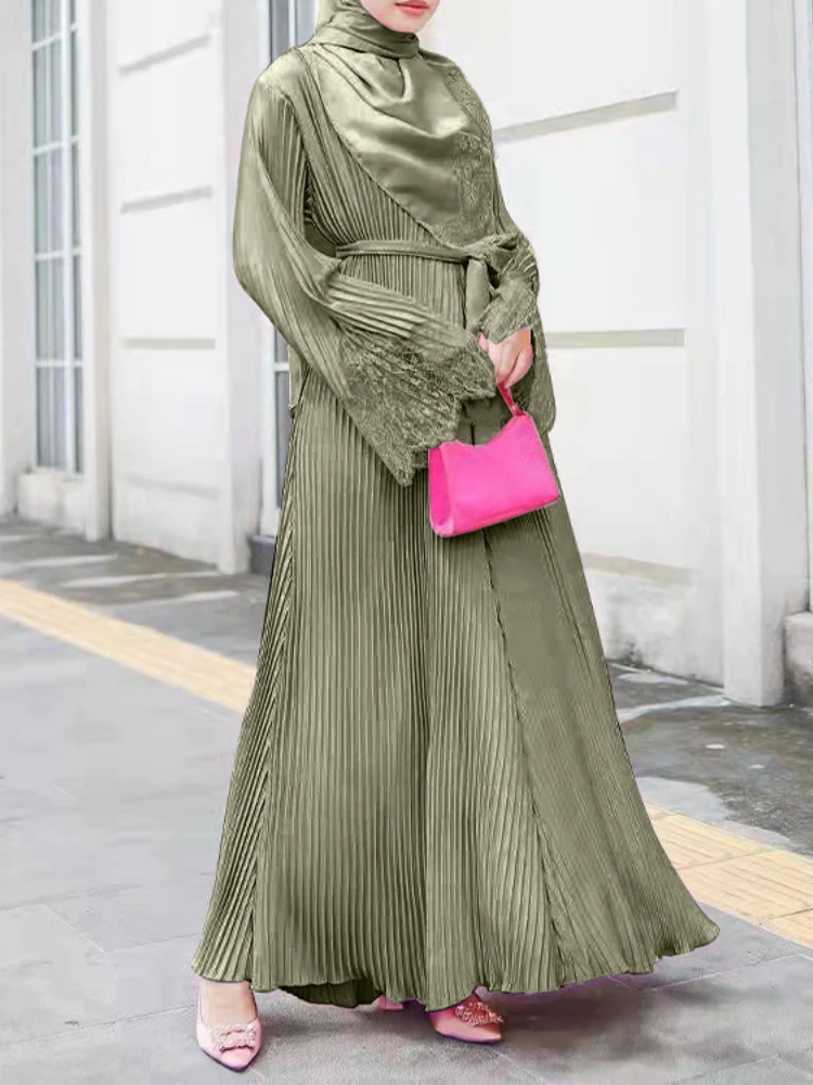 

Turkey Muslim Lace Pleated Dress Women Abaya Ramadan Eid Mubarak Kaftan Dubai Vestidos Islam Pakistani Arab Abayas Caftan Robe