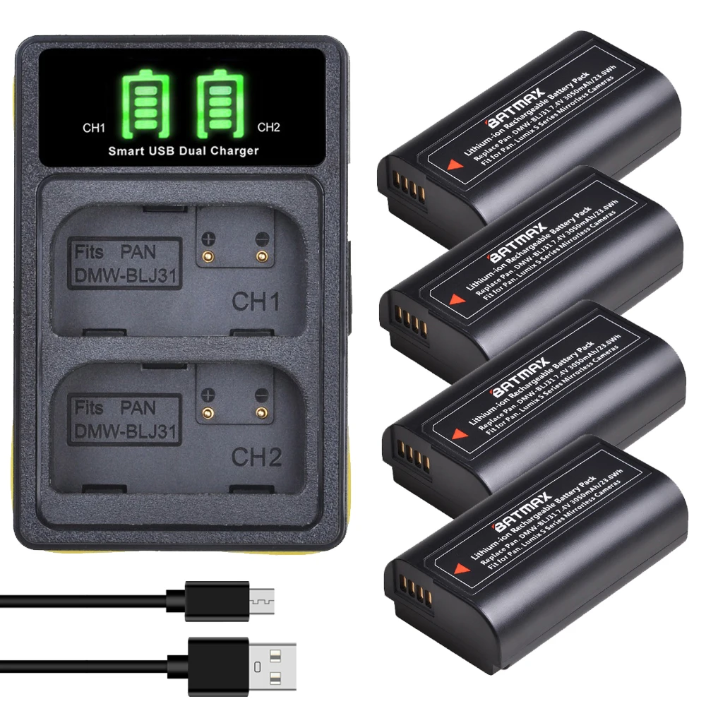 

Batmax 3050mAh DMW-BLJ31 BLJ31 Battery+LED USB Dual Charger with Built-in Cable for Panasonic LUMIX S1, S1R, S1H