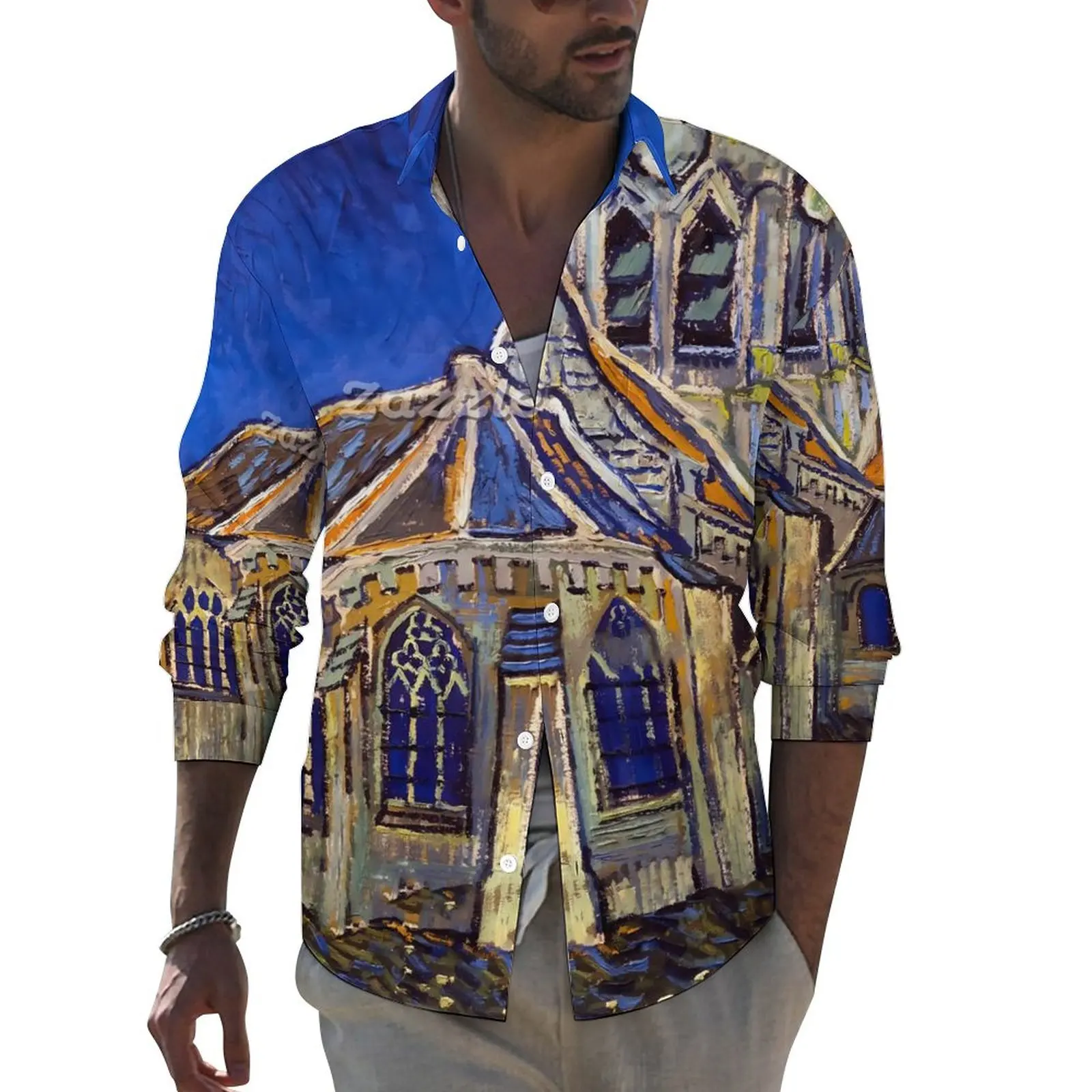 

Vincent Van Gogh Casual Shirts Male The Church at Auvers Shirt Long Sleeve Vintage Stylish Blouses Autumn Design Clothing 4XL