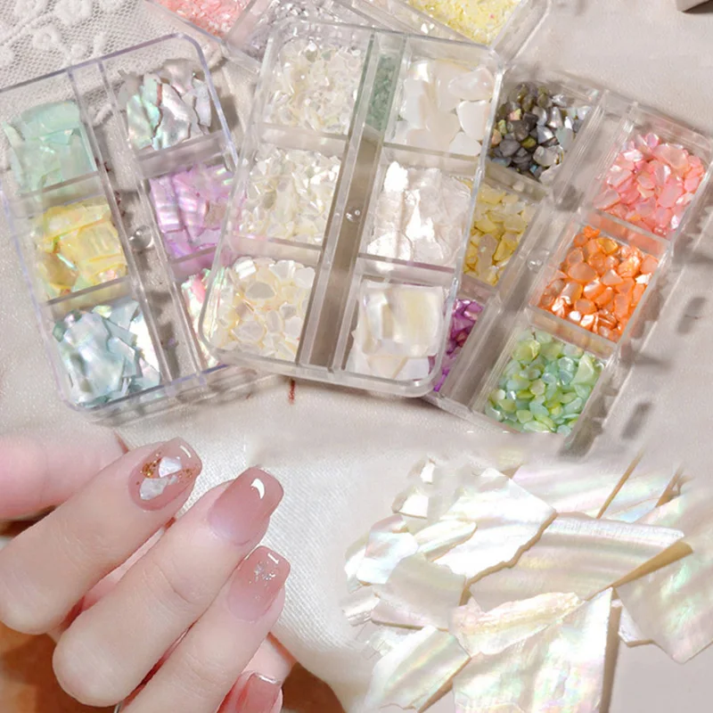 

6 Girds Mixed Gems Slice 3D Nail Stones Decoration Irregular Abalone Shell Nail Flakes Mix Color Manicure Charm Accessories