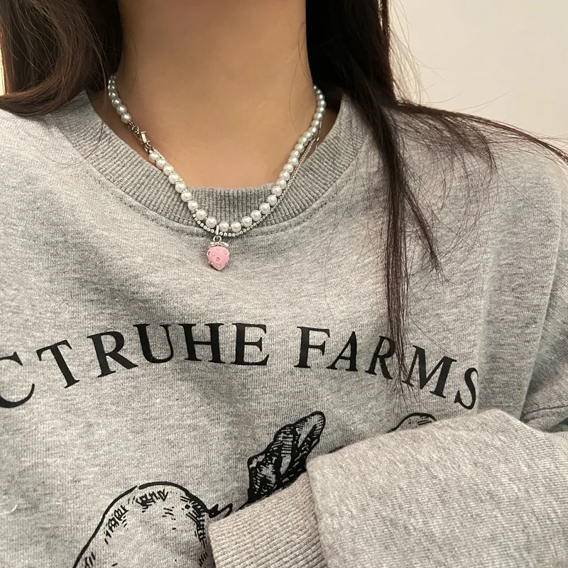 

Kpop Goth Aesthetic Fruit Strawberry Pendants Double Layer Titanium Steel Crystal Pearl Beaded Necklace For Women Y2K Jewelry