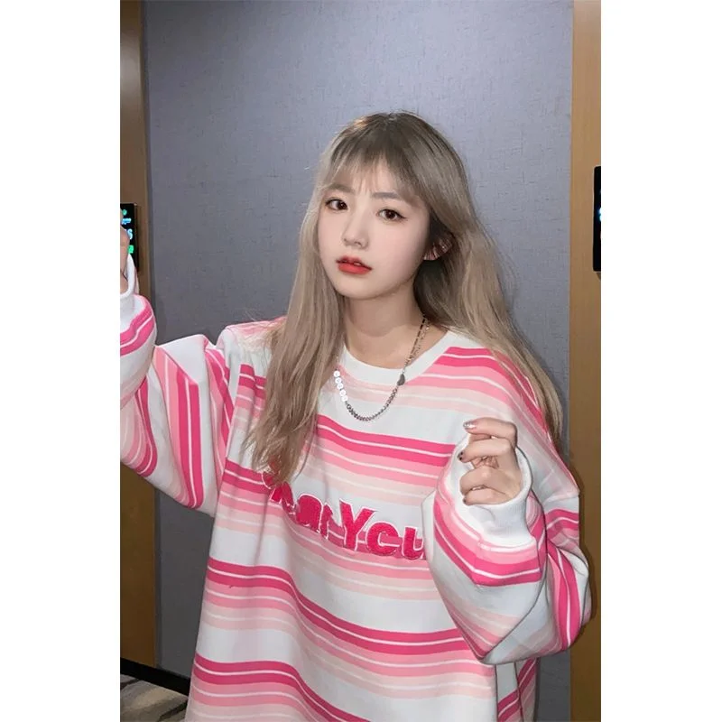 

Lazy Stripe Sweater Women's Early Autumn 2023 New Loose Versatile Letter Student Long Sleeve T-Shirt